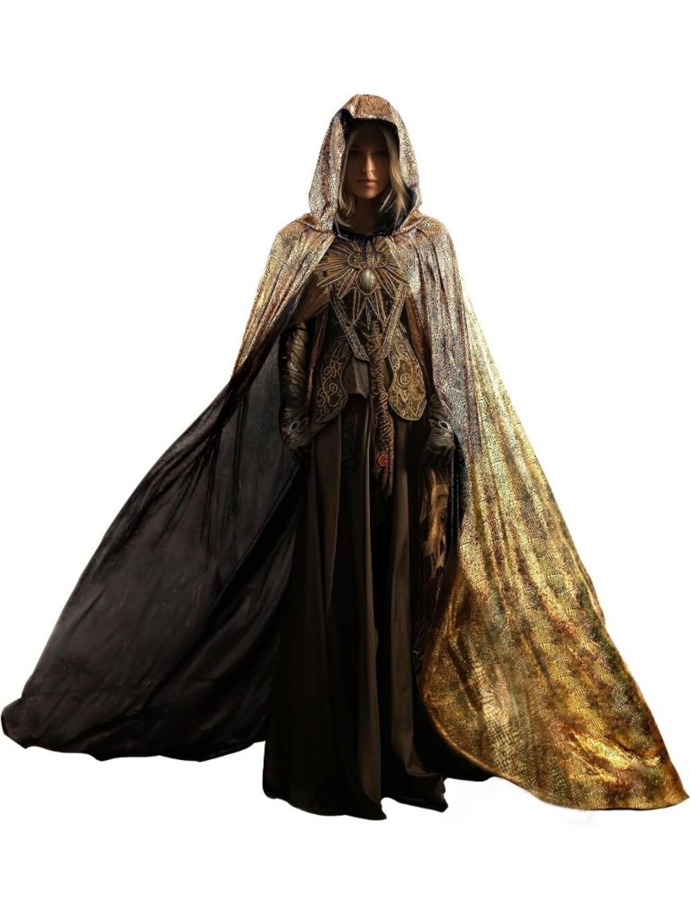 Adult Illusion Gold Velvet Hooded Cloak Cape Halloween Witch Vampire Cotume